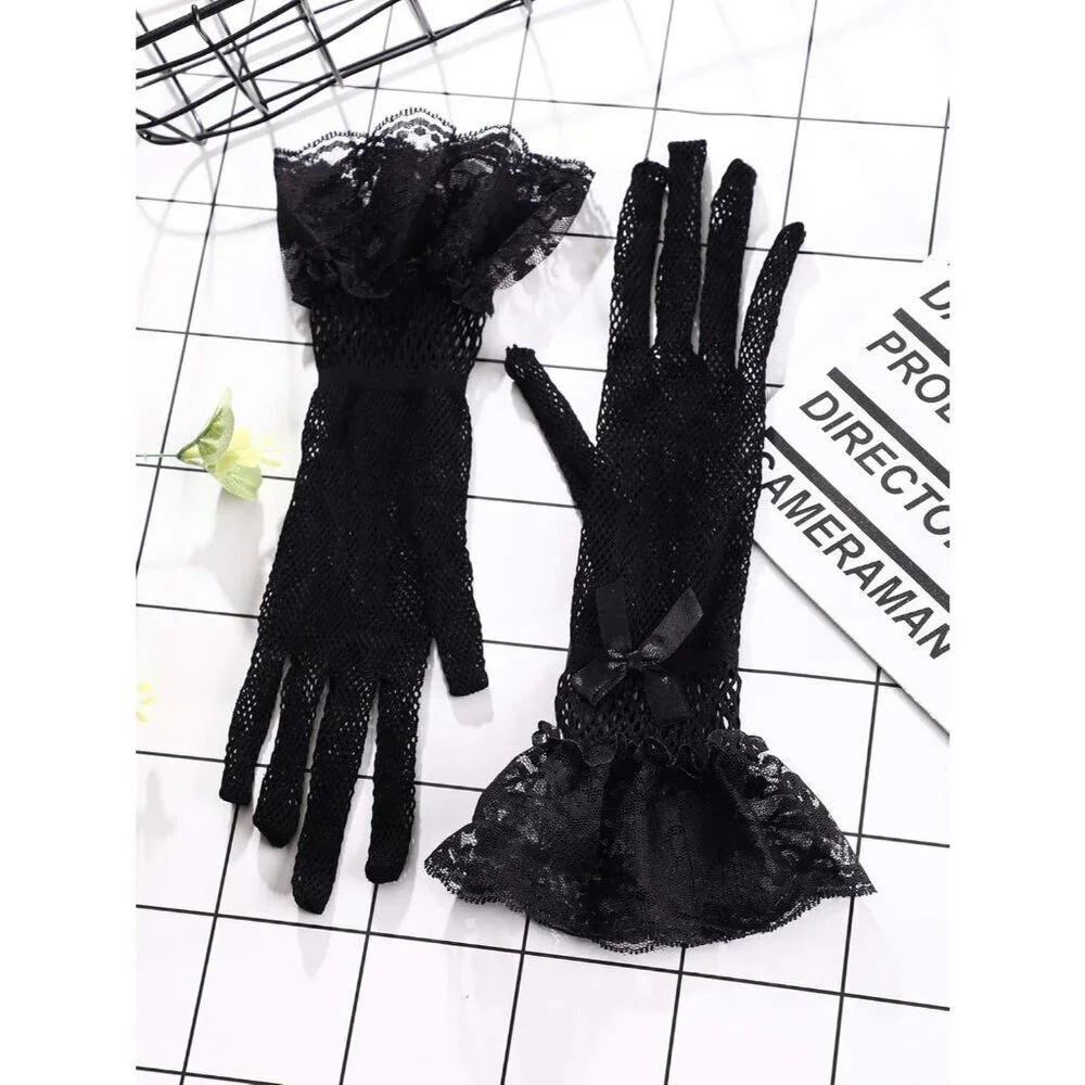 Women's Elegant Black Short Bow Style Lace Gloves Dinner Wedding Party Tea Prom